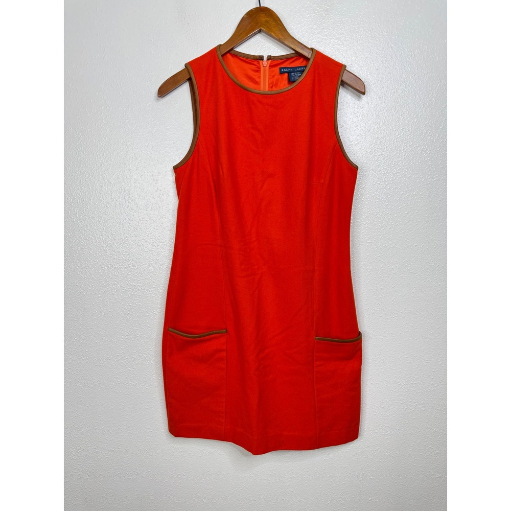 Ralph Lauren Womens Orange Wool Blend Shift Dress Faux Leather Trim Size 6